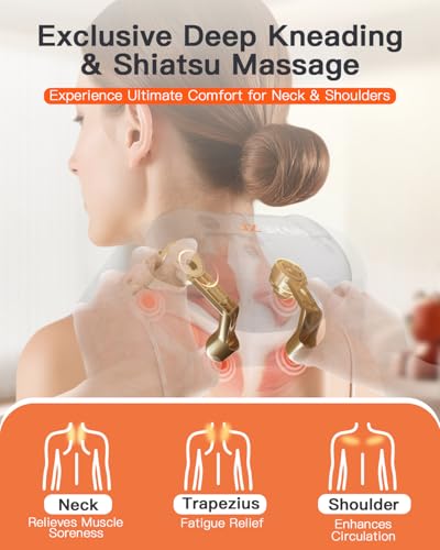 Neck and Shoulder Massager with Heat – Cordless Shiatsu Neck Massager for Pain Relief Deep Tissue - Adjustable Speed & Modes Kneading Massage for Back - Gift for Men Women