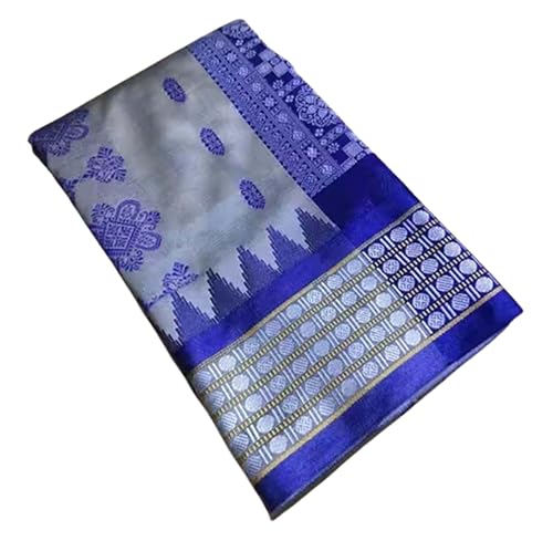 Jolly Women`s Sambalpuri Embroidery Satin Silk Saree Traditional Design with Blouse Piece - Blue