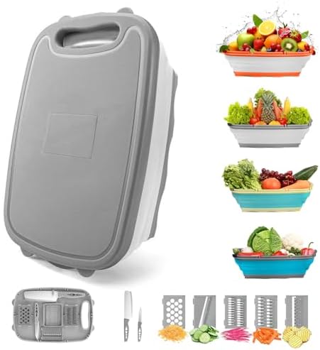Gintan Camping Cutting Board, 9-in-1 Collapsible Chopping Board with Colander, Kitchen Vegetable Washing Basket for Camping, Camping Gifts Camping Accessories for RV Campers (Gray)