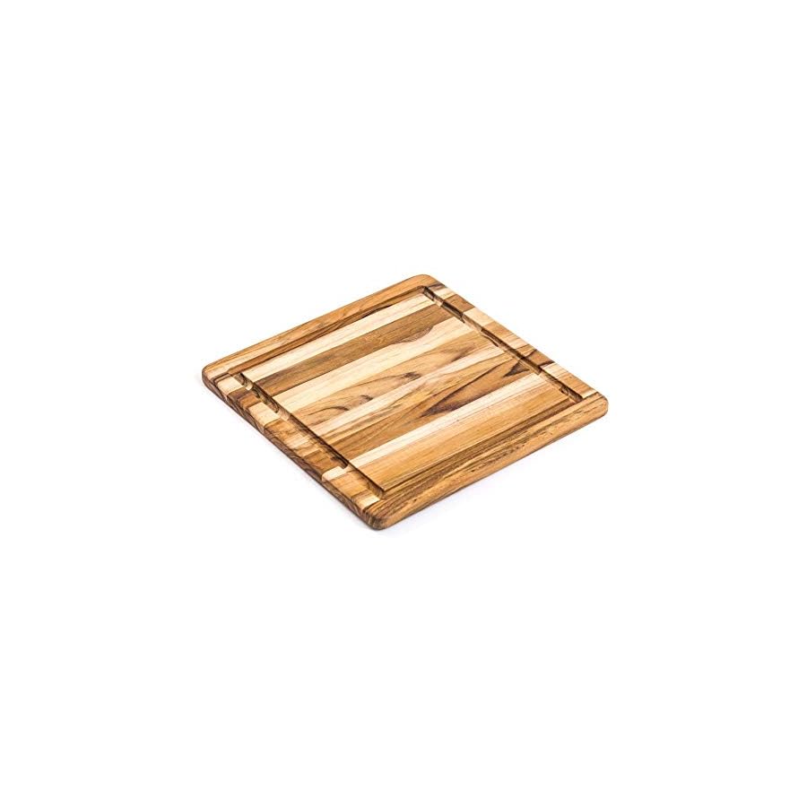 Cutting Board With Juice Canal - Square Teak Wood Serving Board (12 x 12 x .55 in.) - By Teakhaus