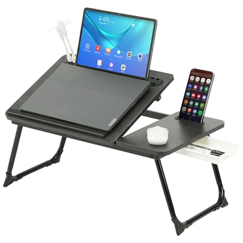 EDWINENE Laptop Desk, Laptop Bed Table with Foldable Legs&Adjustable Height & USB Ports,Phone Slot, Laptop stand with Drawers, Laptop Tray for Bed Sofa (Black gold peach wood)