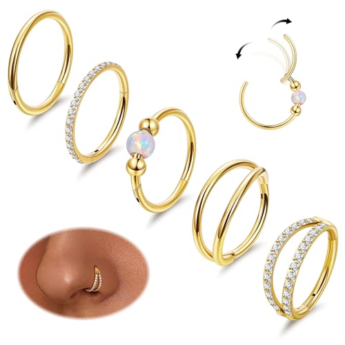 LOREMOW 5PCS 18G Clicker Nose Ring Hoops for Women Men Hinged Double Cartilage Nose Hoop Surgical Steel Tragus Helix Rook Opal CZ Septum Lip Ring Hoop Earrings Nose Piercing Jewelry Gold 8MM