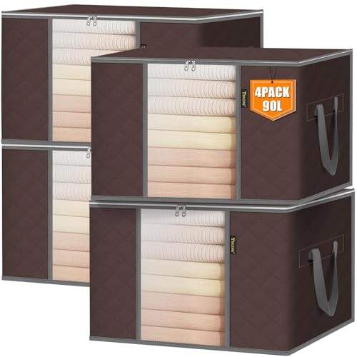 BALEINE 4 Pack Clothes Storage Bags, 24 Gallon Storage Containers with Reinforced Handle, Sturdy Zipper, Closet Organizer for Blanket, Comforter, Pillow, Bedding (Brown, 4 Pack) 4 Pack-24 Ga