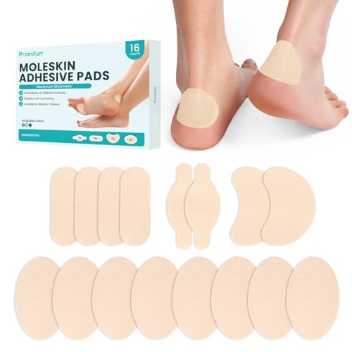 Moleskin Adhesive Tape Pads for Blister - Promifun Blisters Bandages for Foot, Toe, Feet,Finger - Mole Skin Patch for Blister,Callus,Bunion Prevention & Recovery - 16 Sheets of 4 Shapes,Beige