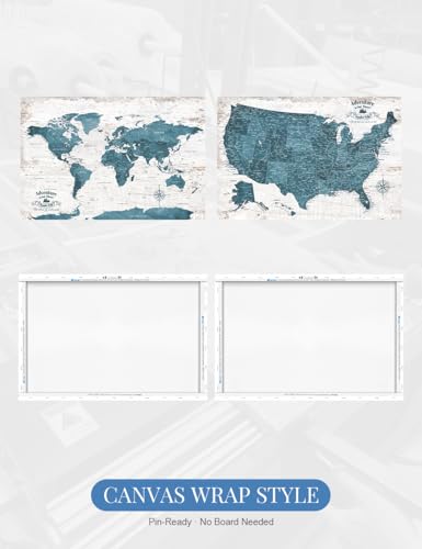 Image of IPIC - Vintage Teal World & USA Map Canvas Wall Art Set of 2, Push Pin Travel Maps to Track Your Travels, Rustic Style Canvas Wall Decor for Home, Office or RV, Ready to Hang