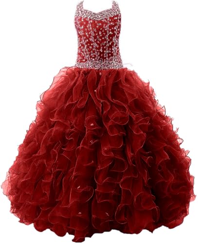 Girls Pageant Dress Beaded Organza Ruffles Long Dresses for Birthday Party Dance Girls Ball Gowns