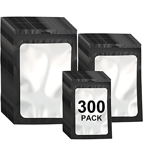 300 Pack 3 Sizes Resealable Mylar Bags Food Storage Smell Proof Bags with Front Window Packaging Pouch for Sample Snack Cookies Jewelry (Black, 3 x 4.7 inch,4 x 6 inch,4.7 x 7.9 inch)