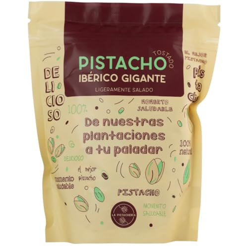 Pistacho Ibérico Gigante Tostado Natural Ligeramente Salado Snack Saludable Gourmet Origen Español Bolsa Resellable Fuente Fibra Proteína Crocante Ideal Aperitivo Vegano (Bolsa de 250 gr)
