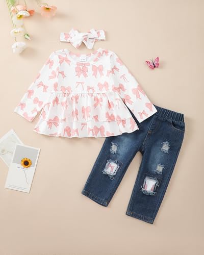 Image of Baby Girl Clothes Toddler Girls Winter Outfits Infant Clothing Ruffle Top Denim Pants Jeans Cute Fall Outfit Set
