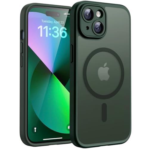 TOCOL Funda para iPhone 13, Funda Magnética para iPhone 13 6,1 Pulgadas [Protección Lente Cámara] [Protección Militar] Translúcida Mate Trasera, Verde Alpino