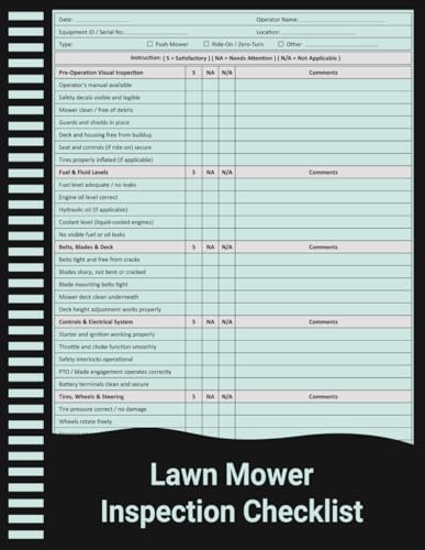 Lawn Mower Inspection Checklist: Pre-Operation Safety & Maintenance Inspection Record for Landscaping and Groundskeeping.
