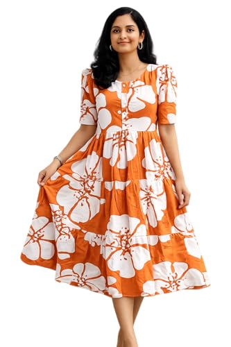 Image of Women's Rayon Floral Printed Midi Dress | Casual Fit & Flare One Piece Dress for Women | Stylish Short Sleeve Western Dress