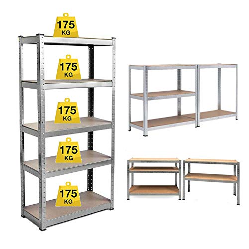 Shelving Unit for Garages and Sheds 150x70x30cm Racking Storage Shelves Strong Metal Shelving 5 Tier Boltless Garage Storage Shelving Adjustable Shelf Easy Assembling Total Capacity 875KG -Galvanised