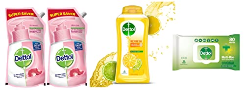 Image of Dettol Liquid Handwash Dispenser Bottle Pump - (Buy 1 Get 1 Free - 750ml) & Disinfectant Sanitizer Wet Wipes, Original - 80 Count & Body Wash and Shower Gel, Refresh - 250ml