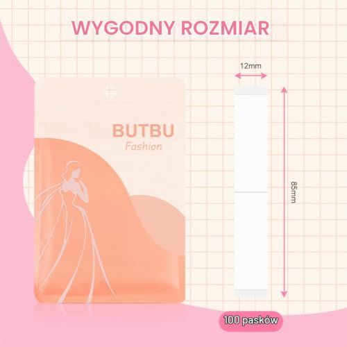 BUTBU Modna taśma dwustronna, taśma klejąca, do ubrań, dwustronna taśma klejąca, taśma do odzieży, taśma biustonosza, akcesoria do odzieży wieczorowej, koszule, przezroczysty, #12*85mm 100 Stück