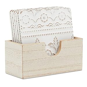 Juvale Set of 6 White Wooden Coasters with Holder for Drinks Coffee Table and Floral Farmhouse Decor 38 Inches