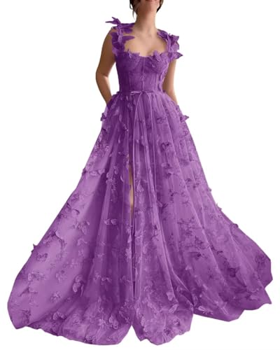 Women's 3D Butterfly Tulle Prom Dress Lace Applique Sweetheart Long Slit Formal Evening Gown