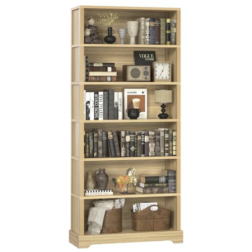 Image of TVU 6-Tier Wooden Bookshelf, 77.2 inch Tall Farmhouse Style Open Bookcase, 31.5 inch W Standing Book Shelf with Storage, Suitable for Study, Living Room, Office, Natural Wood Color