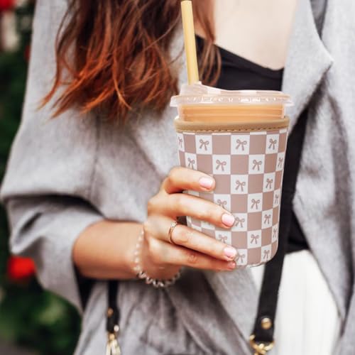 Image of Reusable Insulated Neoprene Iced Coffee Cup Sleeve, Durable Drink Sleeve for Cold Beverages, Beverage Holder for Iced Coffee, Caramel Checkered Bows