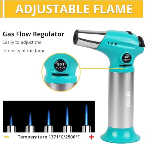 Image of TBTEEK Butane Torch T901, Kitchen Torch Cooking Torch with Safety Lock & Adjustable Flame for Cooking, BBQ, Baking, Brulee, Creme, DIY Soldering(Butane Not Included), Aqua