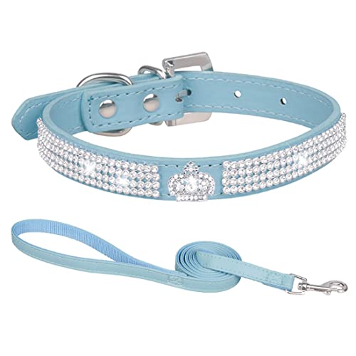 HALFSUMO Rhinestone Dog Collar Leather Dog Collar for Dogs Sparkly Rhinestone Studded Dog Collars for Pets Puppies Cats Combined Set including Leash