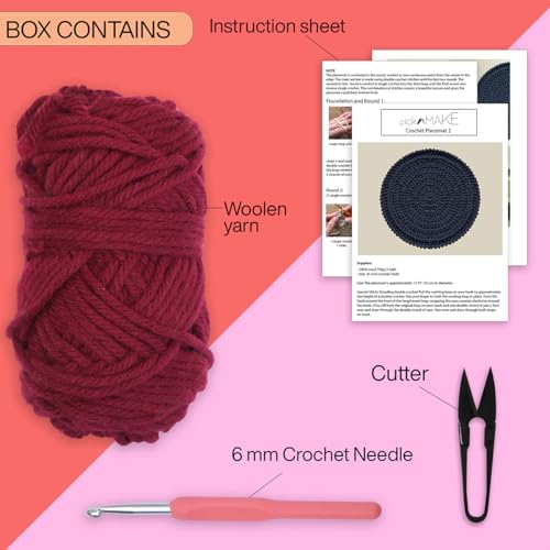 Image of picknMAKE DIY Crochet Placemat Kit for Beginners Adult - 13.75 Inch Round Maroon Placemat Craft Kit with Wool, 6MM Crochet Hook, Cutter & Step-by-Step Instructions - Perfect for Home Decor