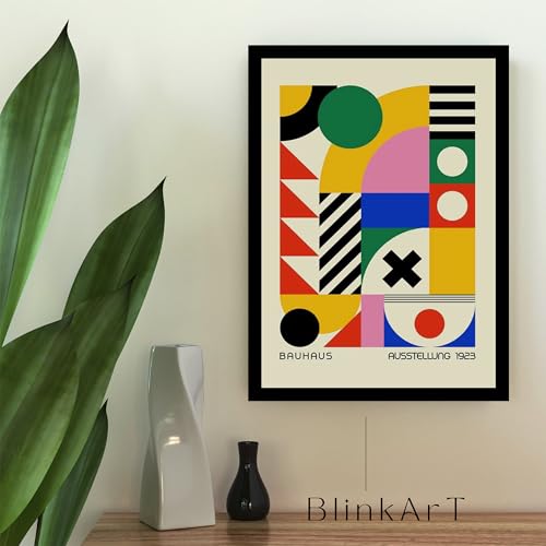 Image of BLINKART Vintage Bauhaus Retro Geometric Aesthetic Poster Gallery | Colorful Wrap Framed For Home Office Studio Living Room Modern Art Studio Decoration Abstract Shapes | (d159) | 13x10 Inch