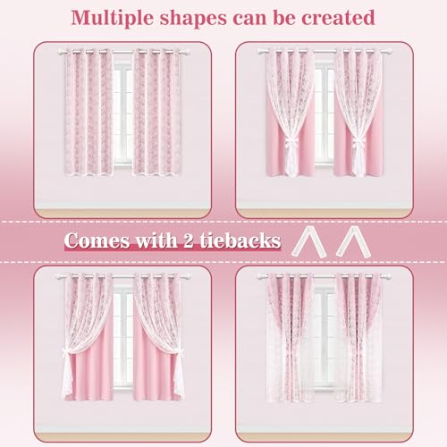 Image of Yinhua Pink Blackout Curtains for Bedroom Double Layer Nursery Curtains for Living Room 63 Inch Length 2 Panels Set Kid Curtain with Floral Sheer Overlay, Grommet Drapes with Tiebacks, 52 inch W x 63 inch L