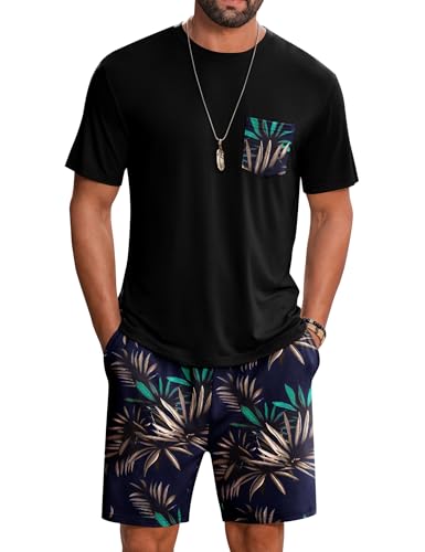 LecGee Mens Hawaiian 2 Piece Summer Outfits Short Sleeve Shirt and Floral Print Shorts Sets Beach Vacation Clothes for Men