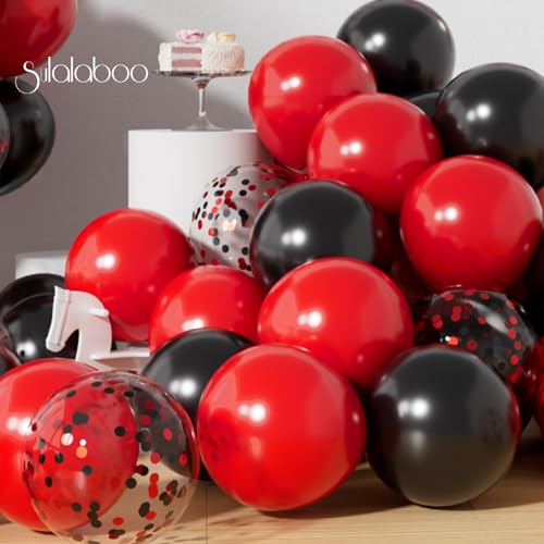 Image of Metallic Red and Black Balloons 12Inch 73PCS Black Red Confetti Latex Balloons Shiny Helium Balloon Set for Birthday Anniversary Graduation Party Decorations