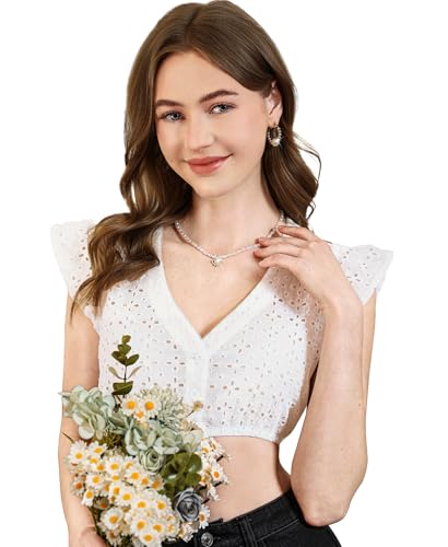 DIRNDLSTERN Dirndlbluse Mujer Blanco – Exclusiva Blusa Dirndl de Manga Corta con Escote en V y diseño Calado para el Oktoberfest 38