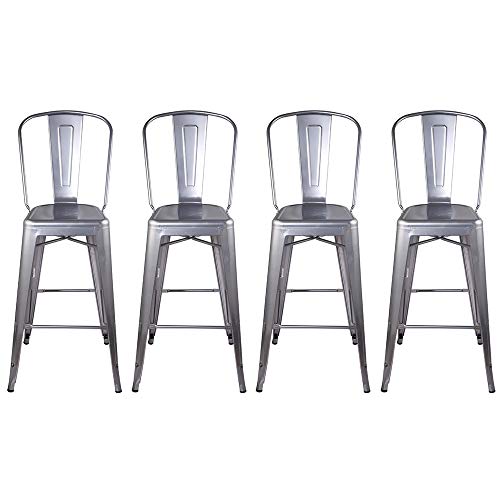 Gia Commercial Grade 30 Inch High Back Bar Stools Set Of 4, Silver Industrial Metal Counter Height Stools, Kitchen Bar Stools Chair With Larger Seat, 14.5X14.5 Inch Seat #TOP4