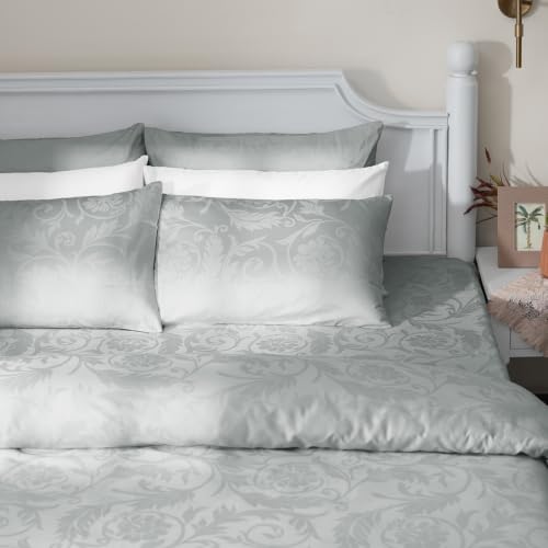 Image of Blue Dahlia 100% Cotton, King Size /Double, Bedsheet (108 inch x 108 inch) + 2 Pillow Covers, 300TC Premium Bedsheet, Bold Floral Jacquard Pattern - Light Grey