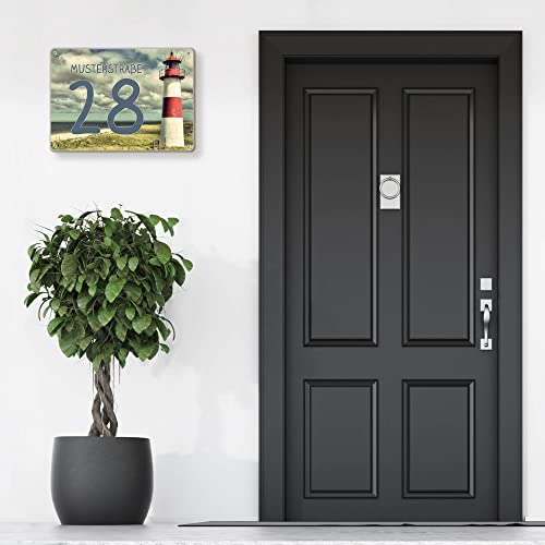 banjado® Hausnummernschild personalisierbar Motiv Leuchtturm Sylt - Hausschild personalisiert Draußen mit Straßennamen möglich - Hausnummernschild Edelstahl versch. Motive - inkl. Montagematerial Cover