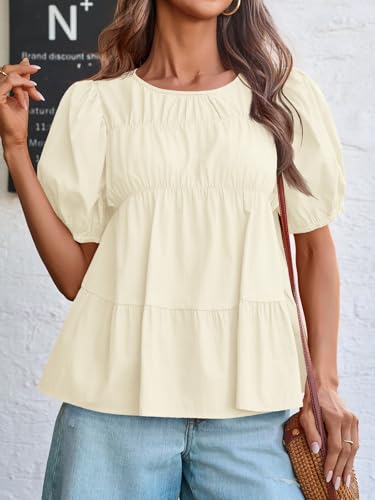Image of Tankaneo Womens Puff Sleeve Peplum Babydoll Tops Summer Flowy Pleated Cotton T-Shirts Casual Loose Fit Cute Blouse