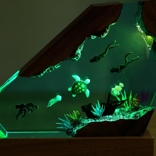 Image of Drawelry Ocean Creative Epoxy Resin Wood Light Lamp, Handmade Multi Color Aquatic Ocean Lamp Deep Sea Cave Diving Enthusiasts Led Night Light Desktop Decor Birthday Gift (Octopus, M)