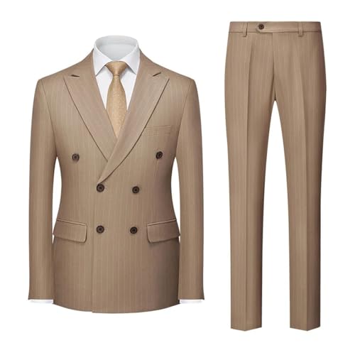 Men's Stripe Business Suit 2 Piece Set Double Breasted Casual Blazers and Pants3