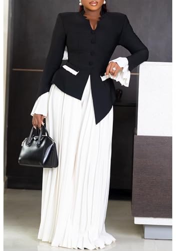 LROSEY Women 2 Piece Outfits Dressy Pant Suits Business Casual Blazer Sets with High Waisted Pleated Wide Leg Pants Plus Size3