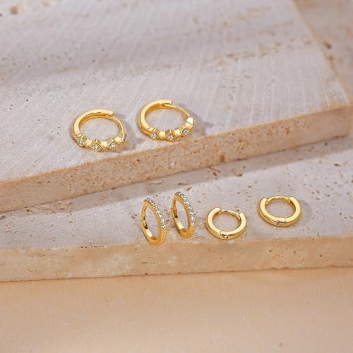 Image of Freekiss 3 Pairs Gold Hoop Earrings Set: Dainty Stud Earrings Trendy Small 14K Gold Plated Hypoallergenic Dangle Cartilage Huggie Hoop Earrings for Women Gold Jewelry for Women Gifts