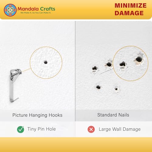 Image of Mandala Crafts Heavy Duty Pictures Hooks Kit for Mounting Art, Mirrors, Clocks Up to 30 lbs - 100 Silver Pictures Hangers with Hanging Nails for Hanging Paintings on Drywall, Plaster, Wood Walls