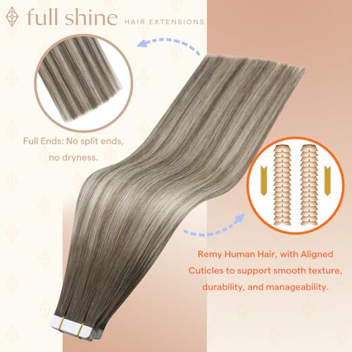 Image of Full Shine Tape in Hair Extensions, Mushroom Ash Blonde Ombre 18 Inch | 50g 20PCS, Straight Invisible Hair Extensions Tape in, Double Sided Remy Finish Secure Wear Smooth Daily Styling