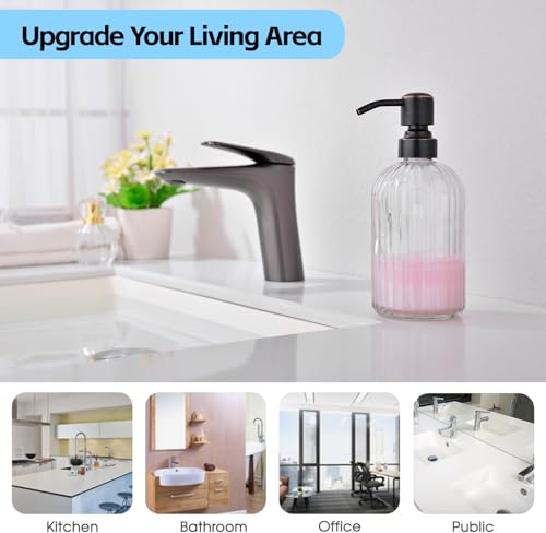 Image of 16Oz Clear Glass Soap Dispenser with Rust Proof Bronze Stainless Steel Pump, Refillable Bathroom Soap Dispenser with Vertical Stripe, Oil Rubbed Bronze Pump Kitchen Dispensers