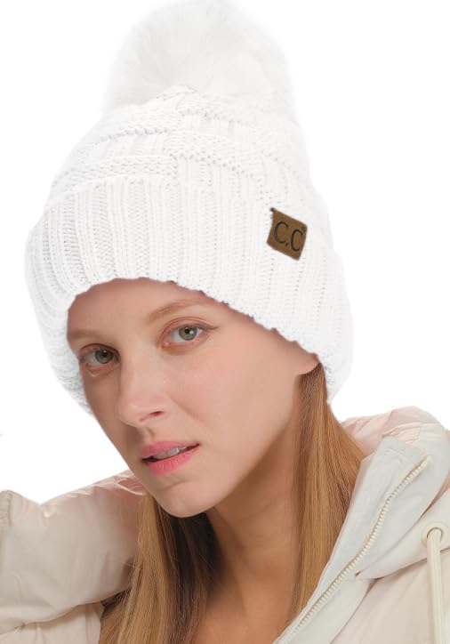 C.C Knit Beanie Hat – Fuzzy Fleece Lined Warm Winter Hat, Faux Fur Pom Soft Stretchy Slouchy Knit Cap, Cold Weather Beanie