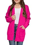 Girls Cardigans Open Front Long Sleeve Cable Knit Cardigan Sweaters Kids Chunky Cute Sweater Coat with Pockets Hot Pink