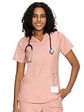 COZYFIT Scrub Tops for Woman - Back Princess Seams, Mock Wrap Top with 3 Pockets,Pink,M