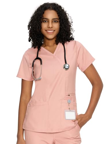 COZYFIT Scrub Tops for Woman - Back Princess Seams, Mock Wrap Top with 3 Pockets,Pink,M