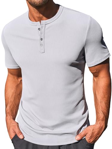 Runcati Men's Henley Shirts Short Sleeve Casual Ribbed Knitted Summer T-Shirt Slim Fit Workout Muscle Tops Grey