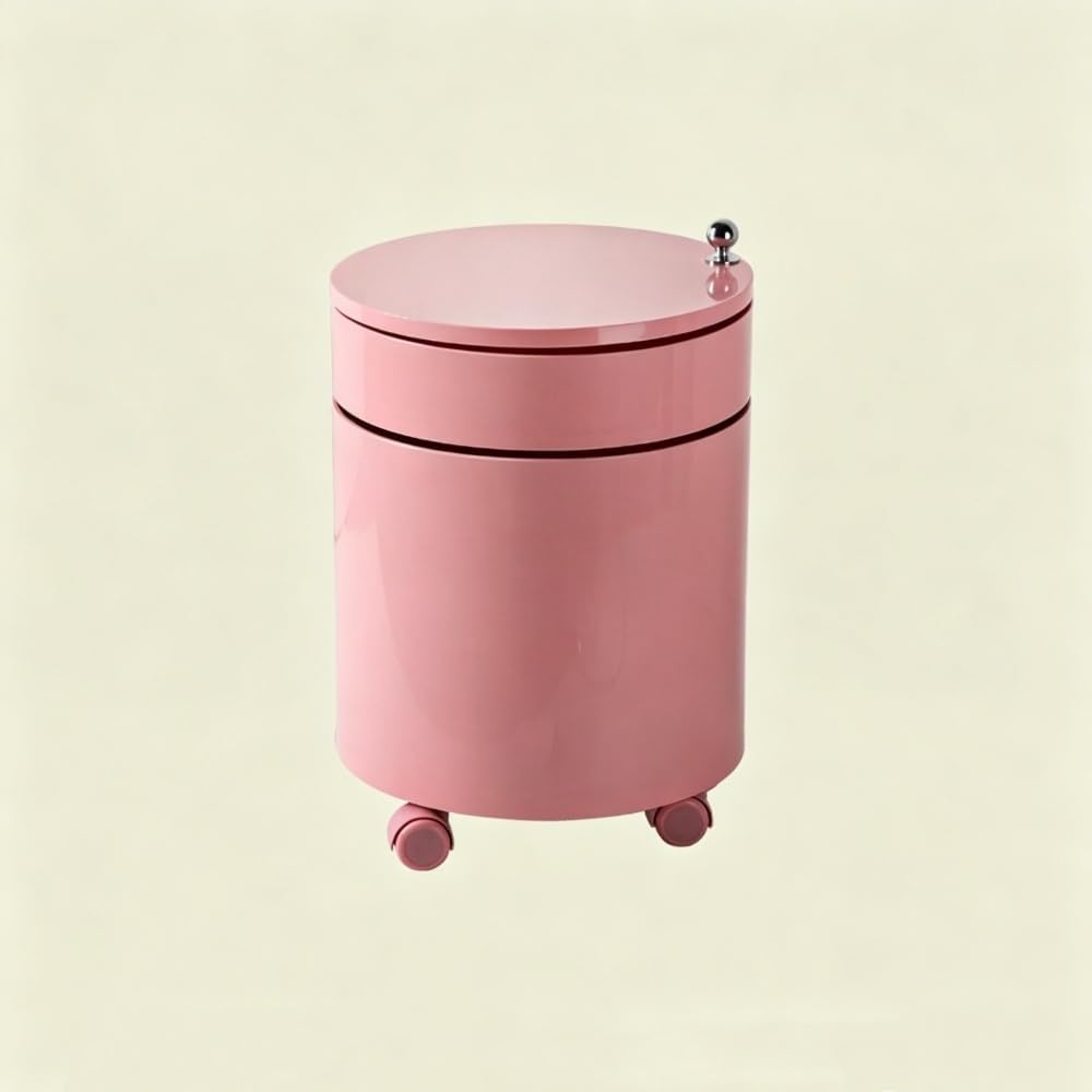 ABS Rotating Rolling Cart with Drawers, Simple Modern Side Table with Wheels, Movable Multi-Tier Storage Cart for Living Room, Bedroom, Small Apartment(Pink,Small)