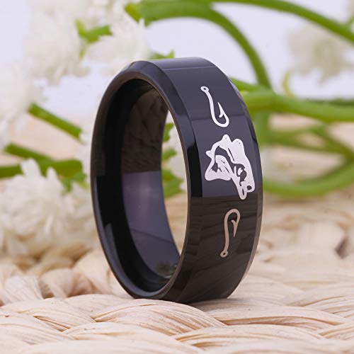 FREE Custom Engraving Black Tungsten Wedding Bands Bass Ring Fishing Ring Fish Hooks Ring Hunting Ring2