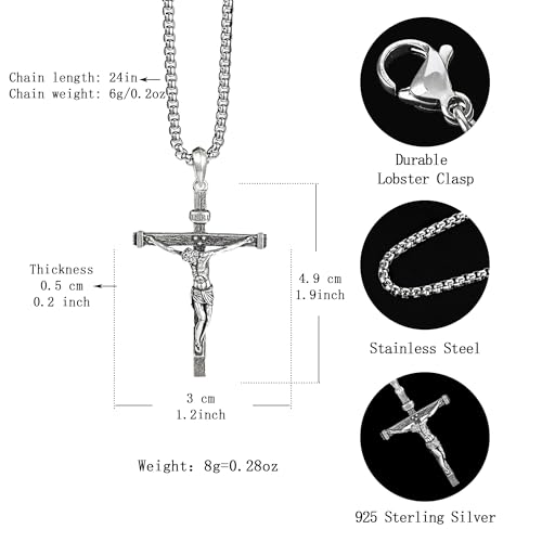 Sterling Silver Crucifix Pendant for Men, Catholic Jesus Cross Necklace for Women, 925 Sterling Silver Crucifix Necklace with Jesus Religious Gift for Easter Christmas4
